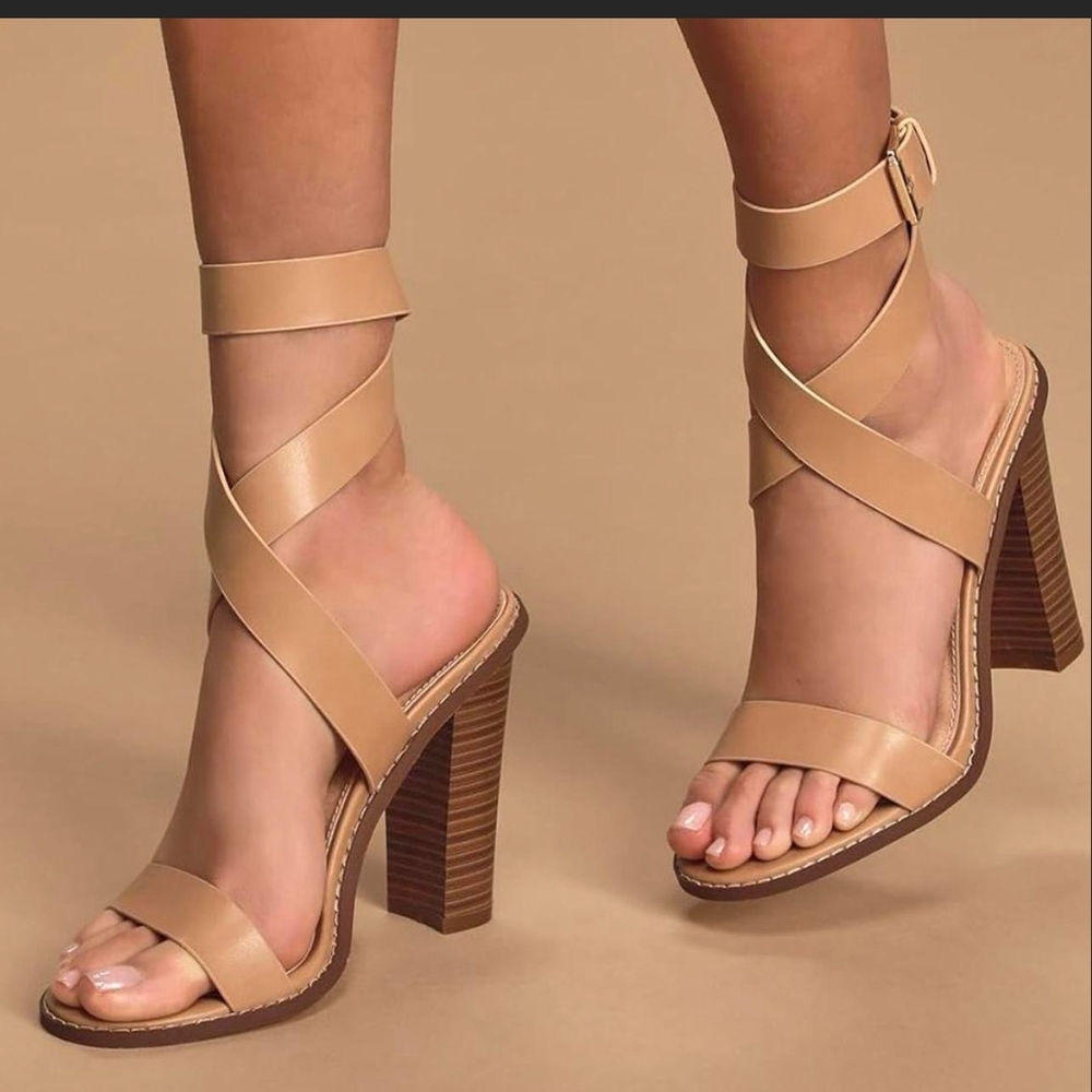 Nude Block Ankle Wrap Heel, US 6.5, 4.5" Heel